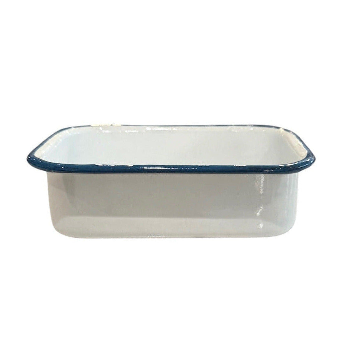 Rectangular Tray Enamel White with Blue Rim