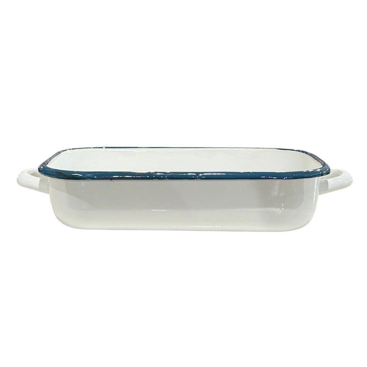 Baking Dish  Enamel White with Blue Rim