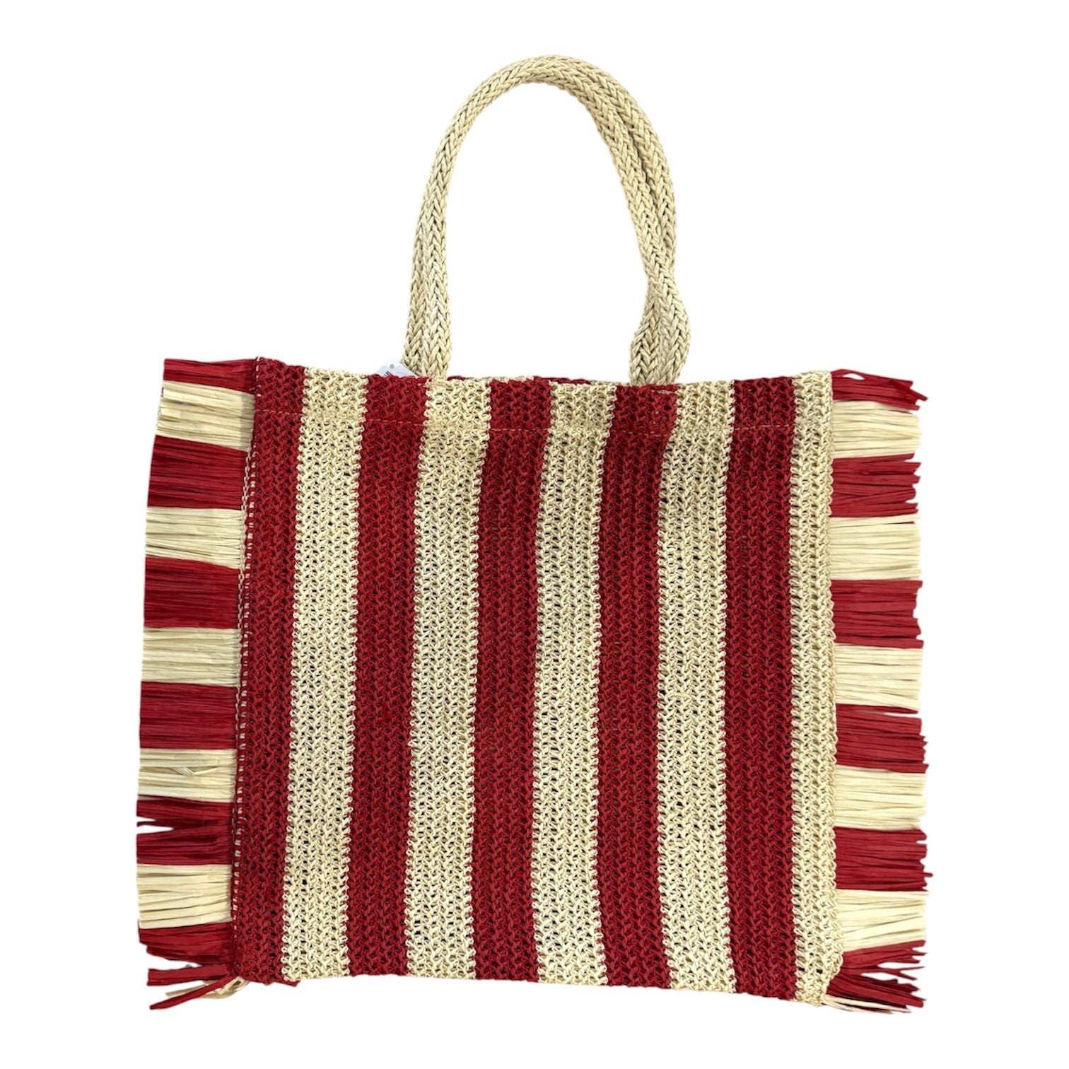 Ivory House Sol Woven Fringed Tote Bag Red and Natural