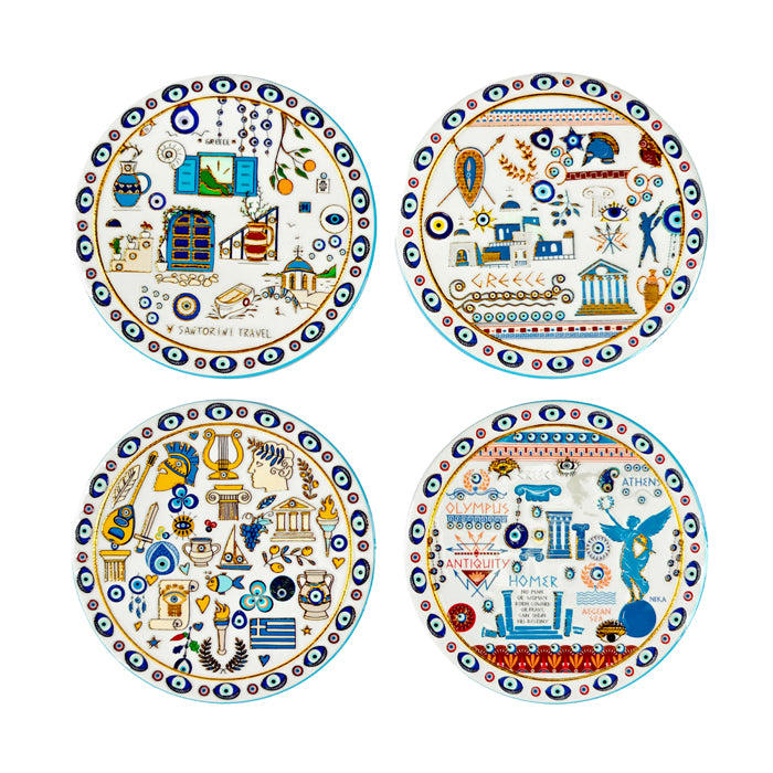 Pure Ruffy Ceramic Round Greek Coasters - Set of 4