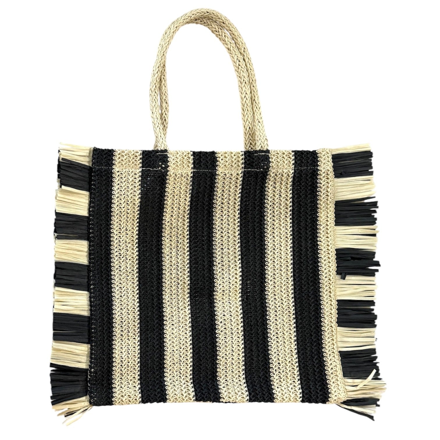 Ivory House Sol Woven Fringed Tote Bag Black and Natural