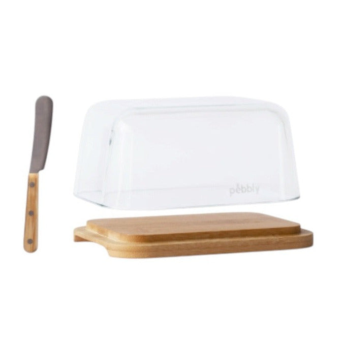 Pebbly Glass & Bamboo Butter Dish and Butter Knife